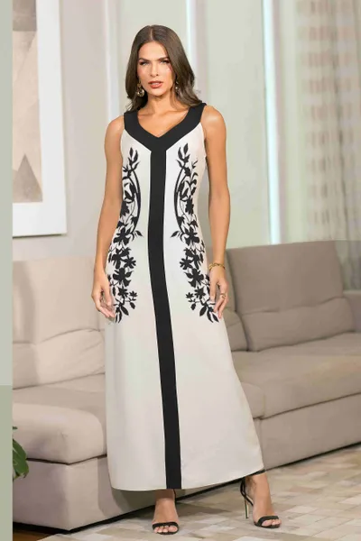 VESTIDO CREPE DECOTE V LONGUETE OFF WHITE MIRA VEST