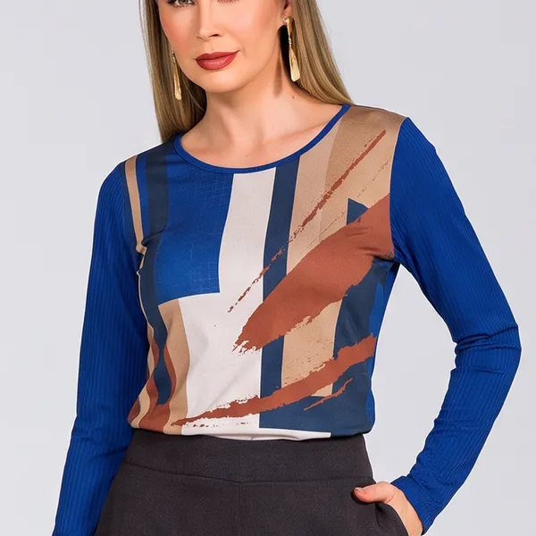 BLUSA MANGA LONGA CANELADA AZUL COBALTO MIRA VEST