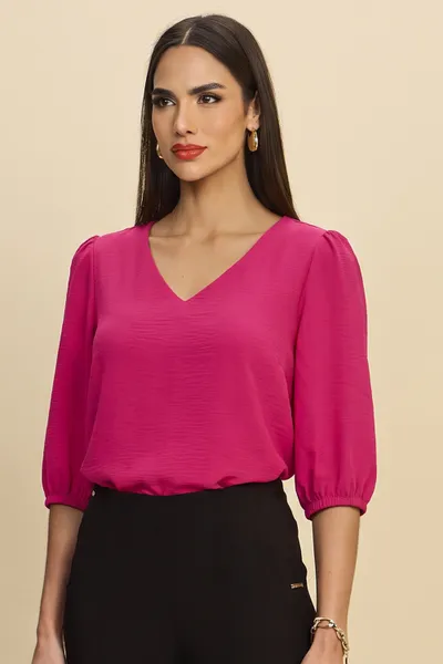 BLUSA DECOTE V MANGAS BUFANTES BRILHO PINK MIRA VE