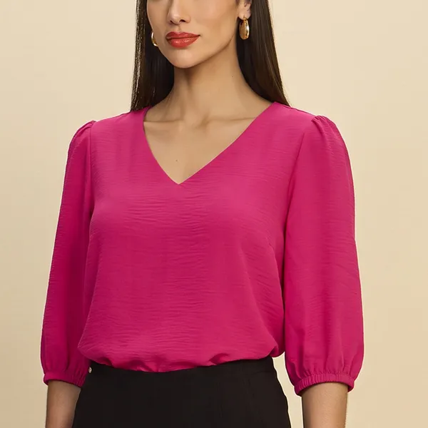 BLUSA DECOTE V MANGAS BUFANTES BRILHO PINK MIRA VE
