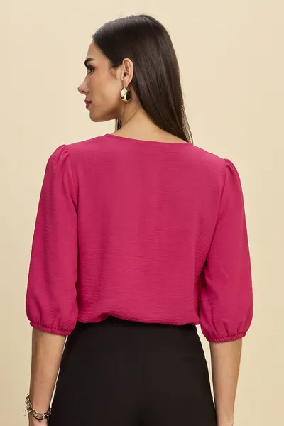 BLUSA DECOTE V MANGAS BUFANTES BRILHO PINK MIRA VE BLUSA DECOTE V MANGAS BUFANTES BRILHO PINK MIRA VE