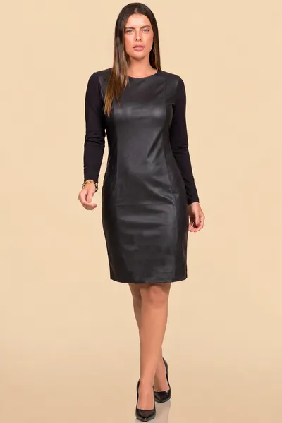 VESTIDO DECOTE REDONDO MALHA PU PRETO MIRA VEST