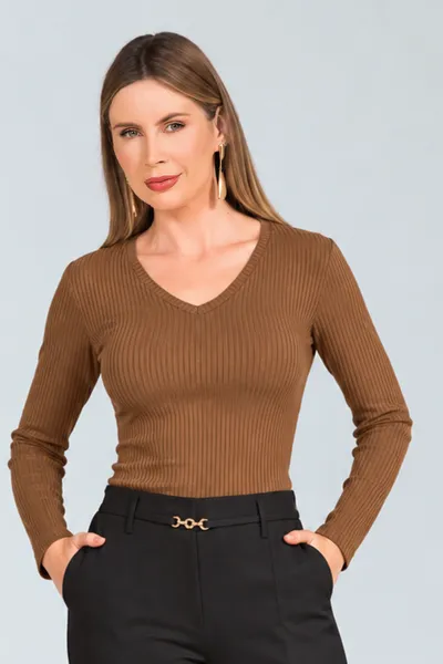 BLUSA CANELADA DECOTE V MANGA LONGA CAMELO MIRA VE