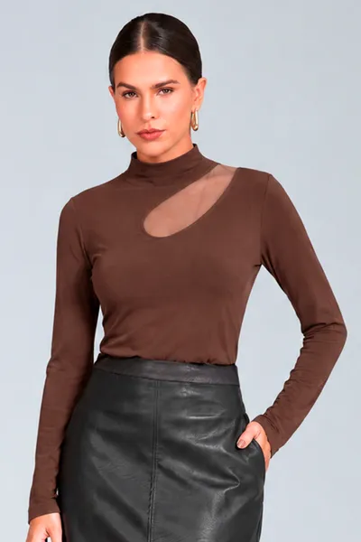 BLUSA VISCOLYCRA COM TULE GOLA ALTA MARROM MIRA VEST