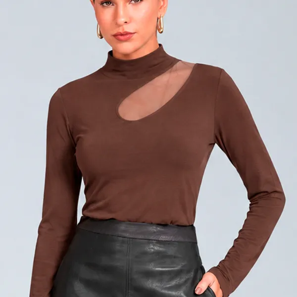 BLUSA VISCOLYCRA COM TULE GOLA ALTA MARROM MIRA VEST