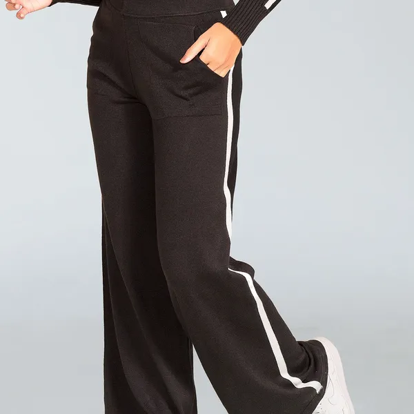 CALÇA RETA TRICÔ PRETO/OFF MIRA VEST